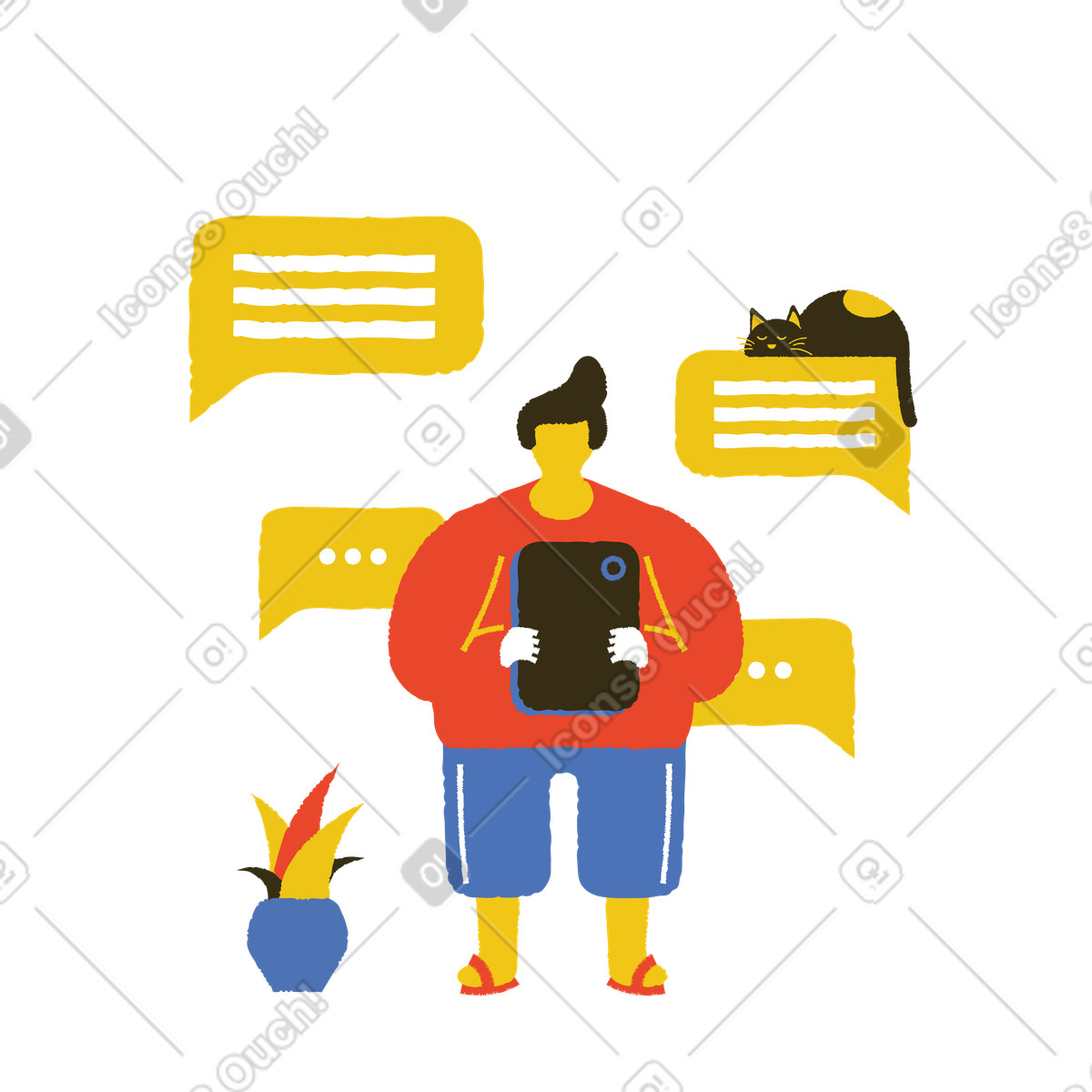 Mann mit katze sendet nachrichten und gelbe sprechblasen-Illustration im Bermuda-Stil als Download in PNG, SVG