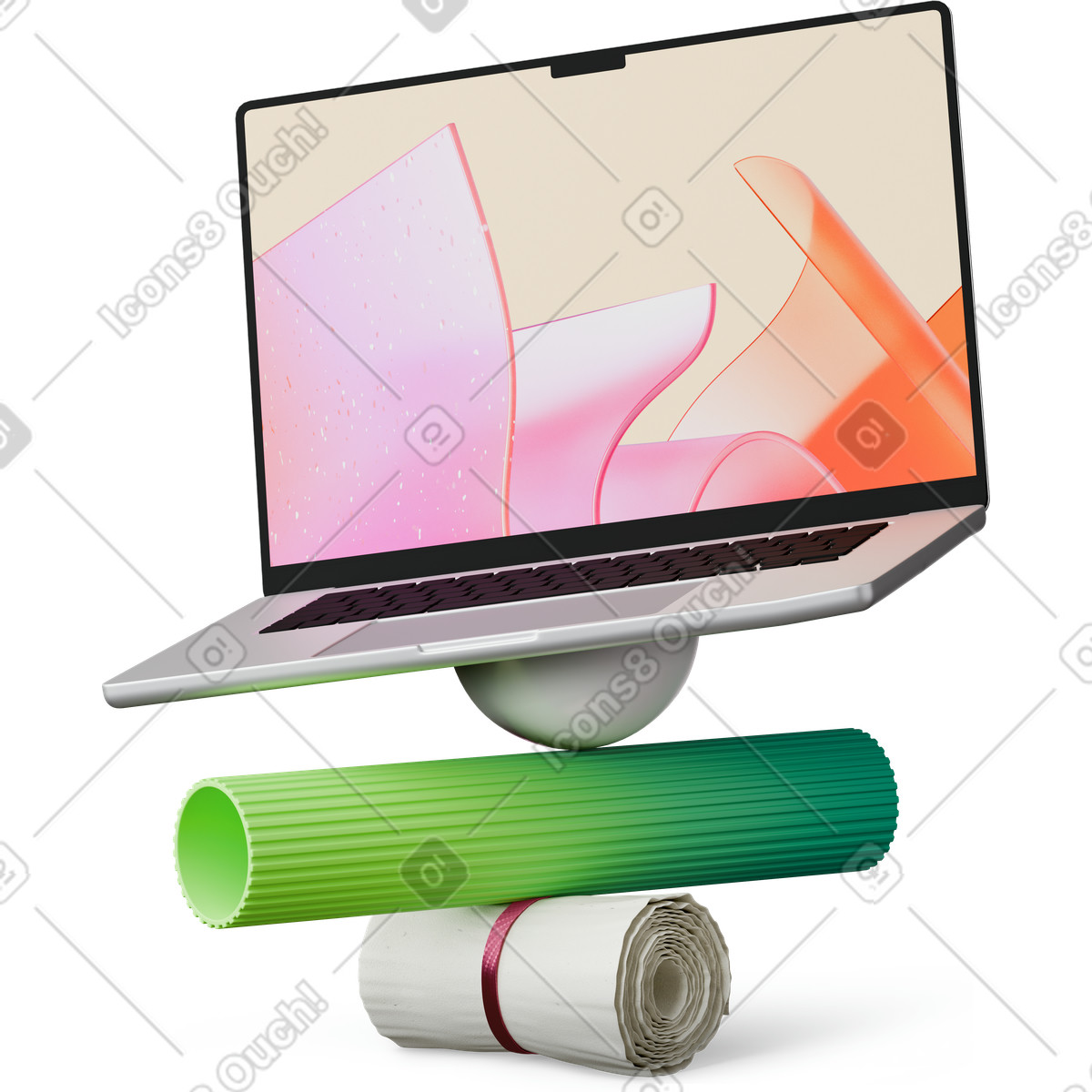 Front view of laptop on abstract geometric shapes illustrazione in stile 3D Hygge scarica in PNG, SVG
