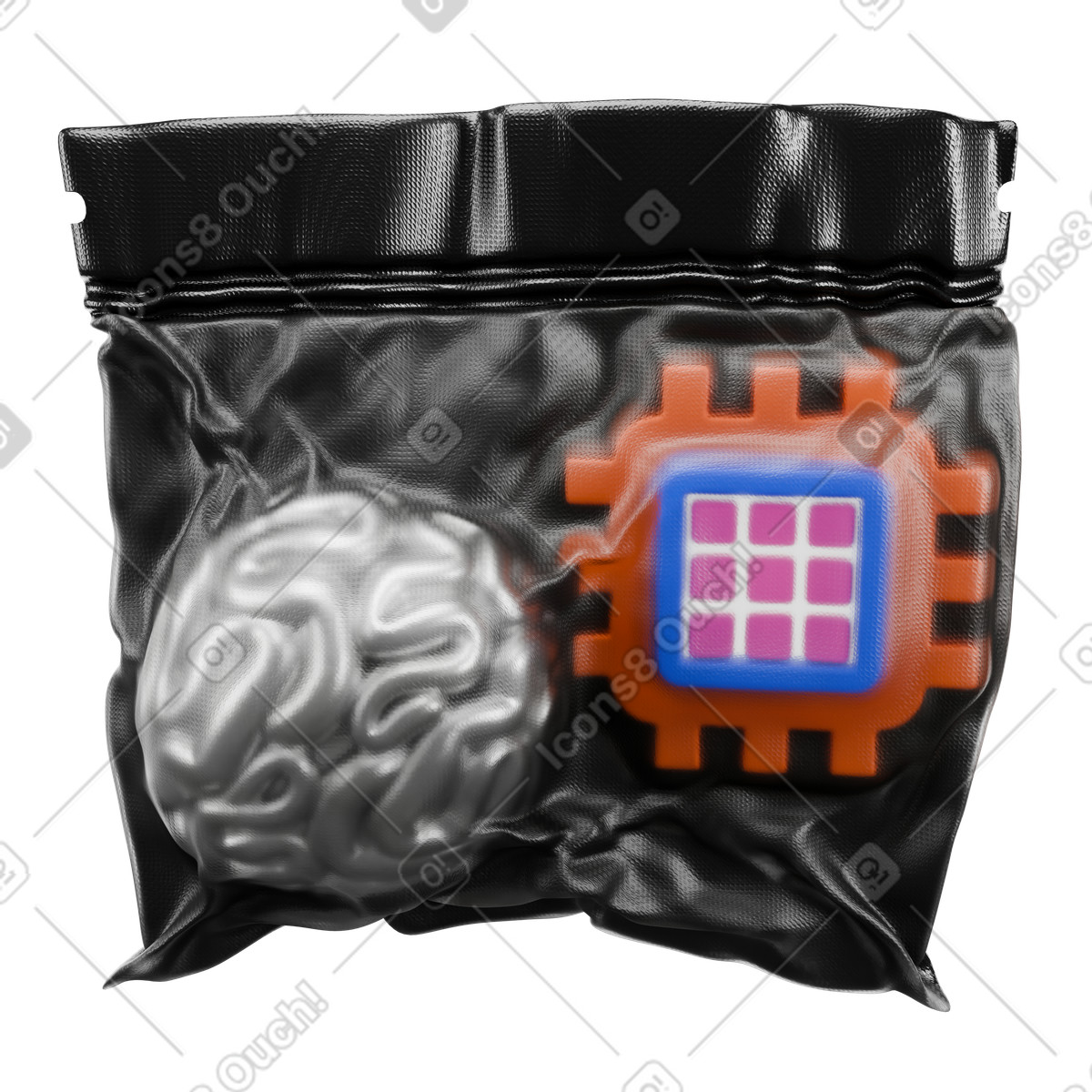 Ilustración Chip cerebral y de ia envuelto en plástico negro estilo 3D Wrap a descargar PNG SVG