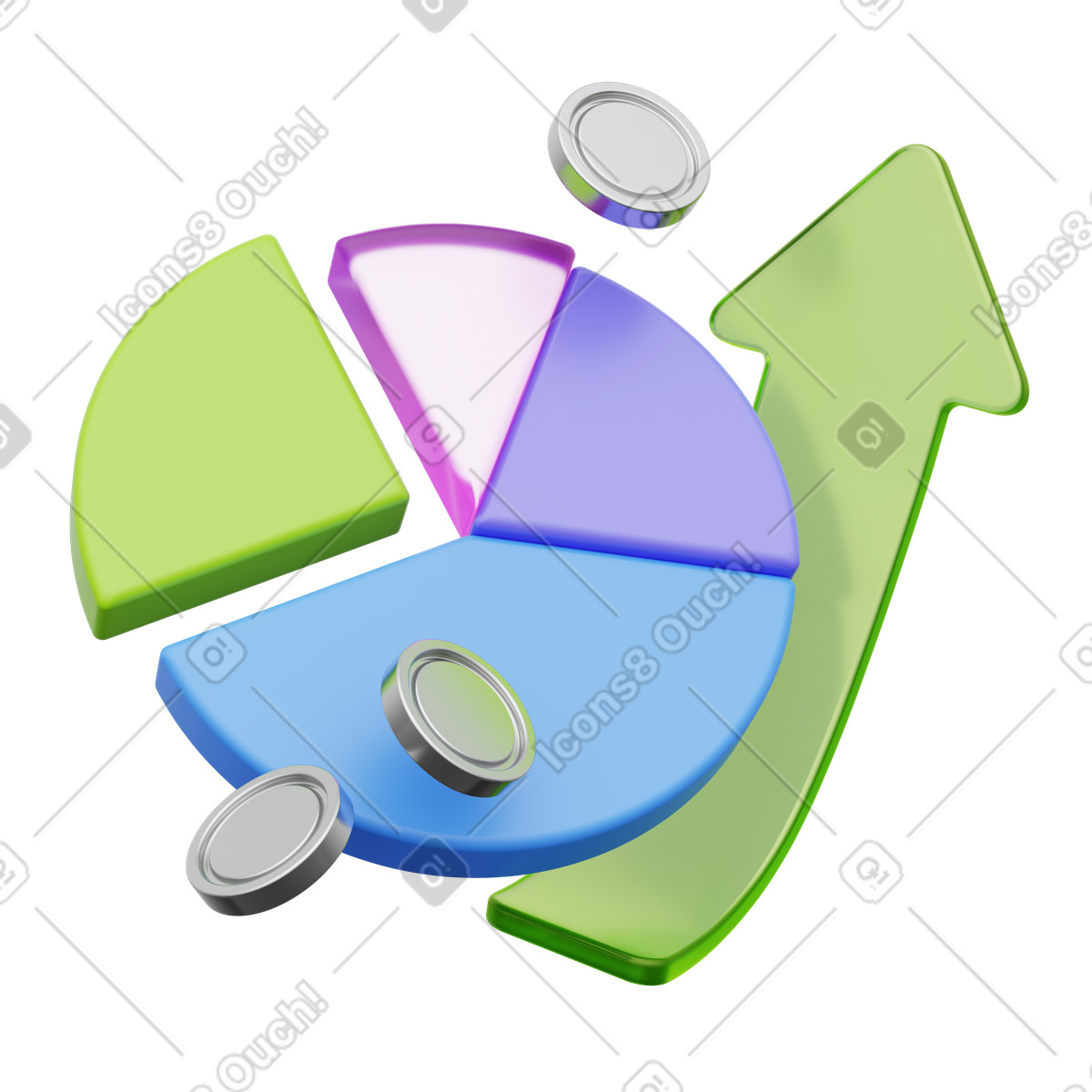 Pie chart with upward arrow and coins, financial growth and investment analytics illustration in PNG, SVG
