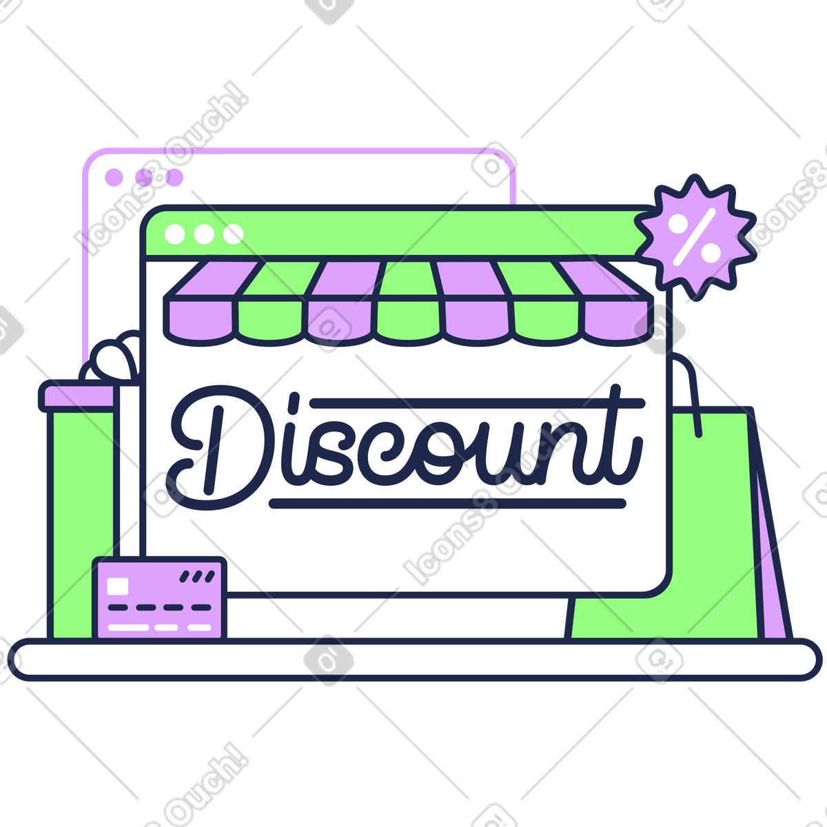 Ilustración Online shop window with discount sign, E-commerce promotion and sales event en estilo Outline a descargar en PNG y SVG