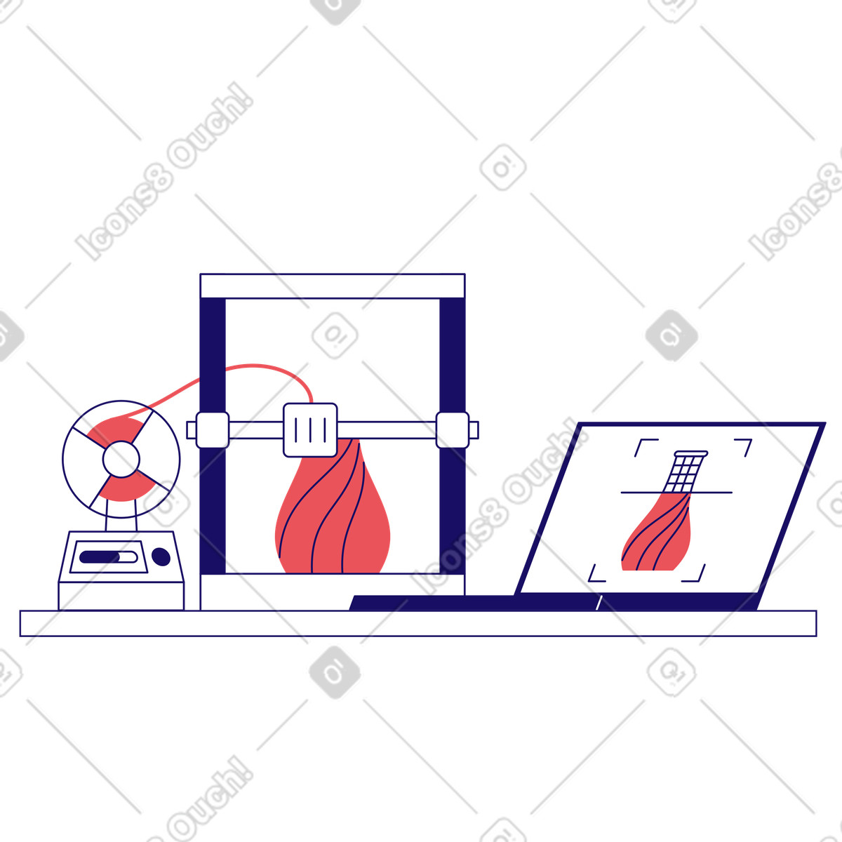 Bendy スタイルの 3D printer and laptop with model preview, Additive manufacturing workflow のイラストをPNG、SVG形式でダウンロード