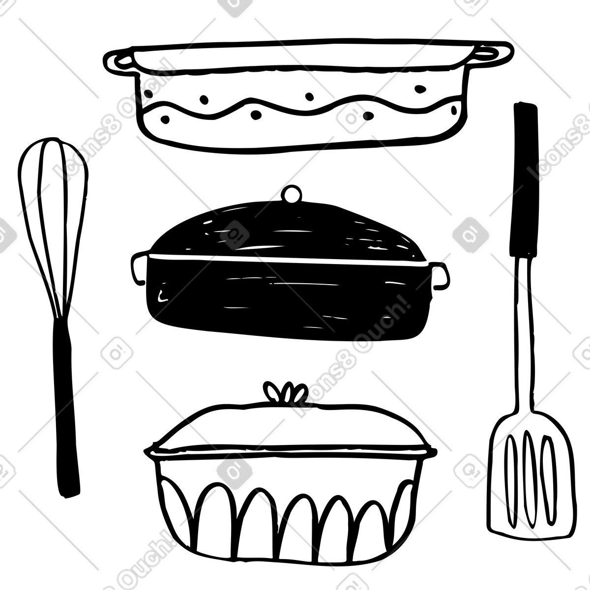 Kitchen items, utensils and cookware illustration in Marks style download in PNG, SVG