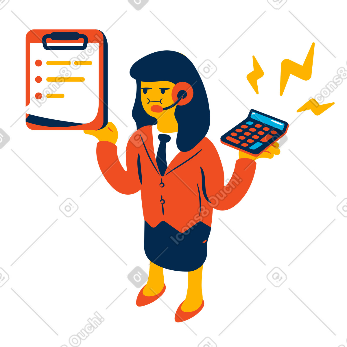 Illustration Conseillère d'affaires avec calculatrice et feuille d'enregistrement dans le style Flame à télécharger aux formats PNG, SVG