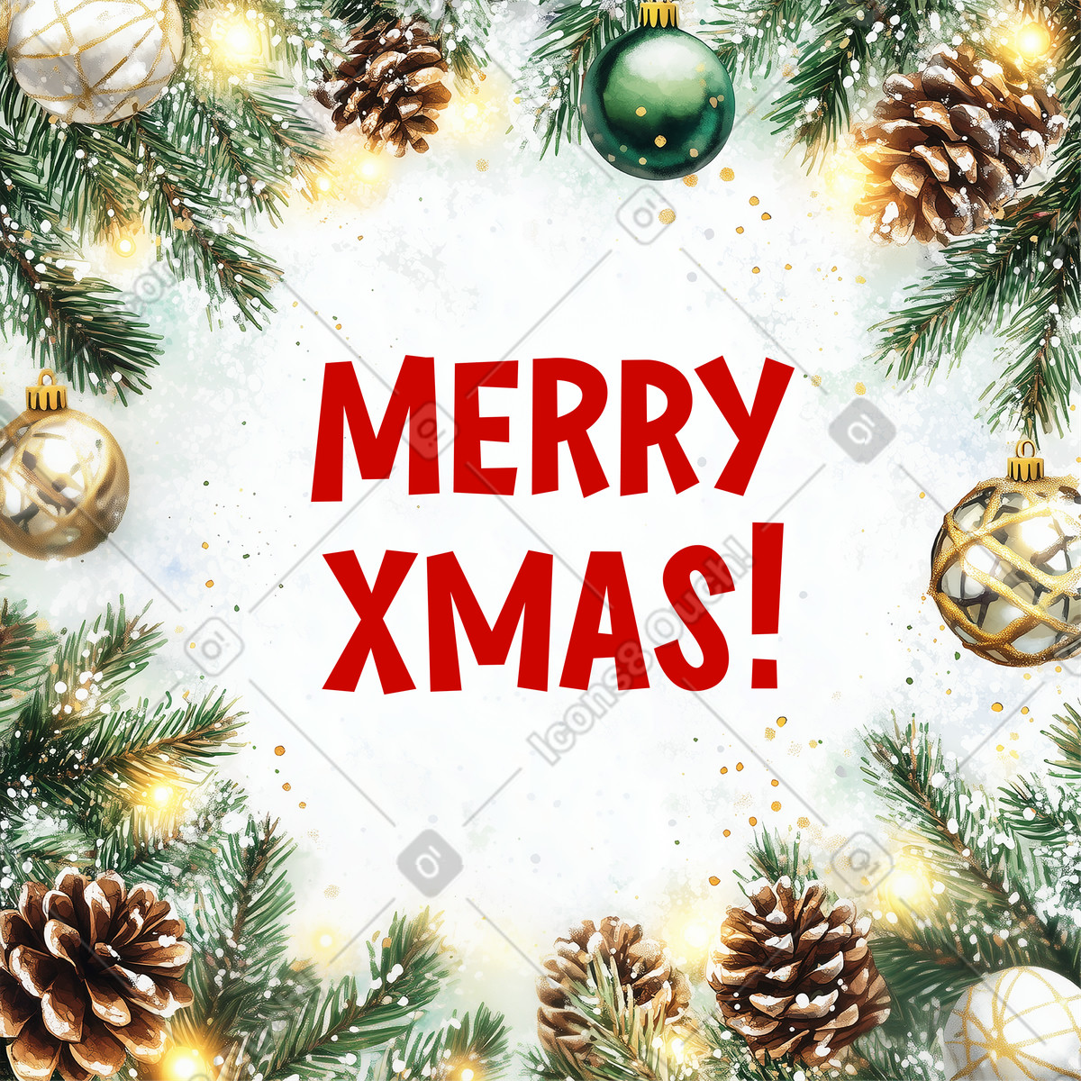 Lettering Merry Xmas in Christmas tree branches frame illustration Postcards style download PNG, SVG