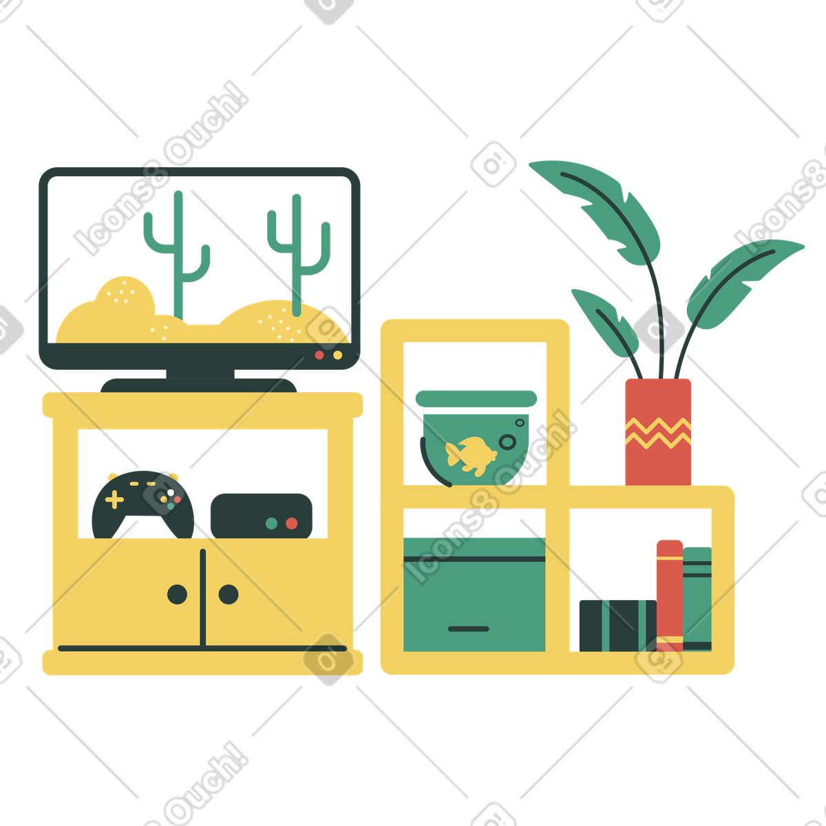 Ilustración Zona de tv con pecera, consola juegos, libros y planta interior. en estilo Macaroni a descargar en PNG SVG