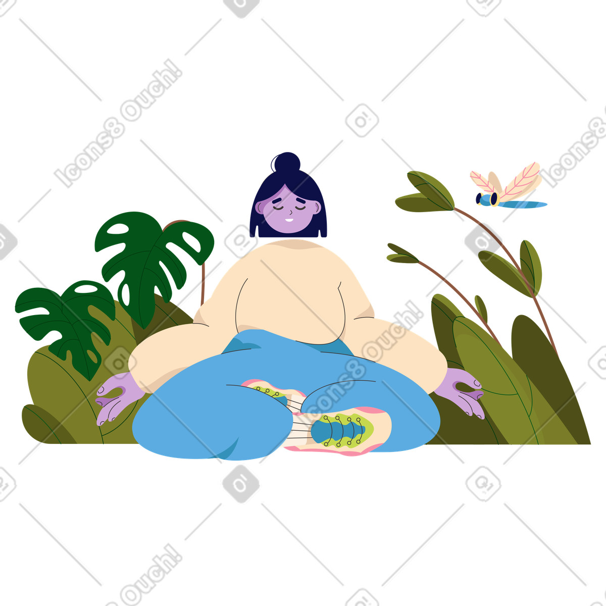 Mädchen meditiert im lotussitz in der natur-Illustration Dizzy-Stil als Download PNG, SVG