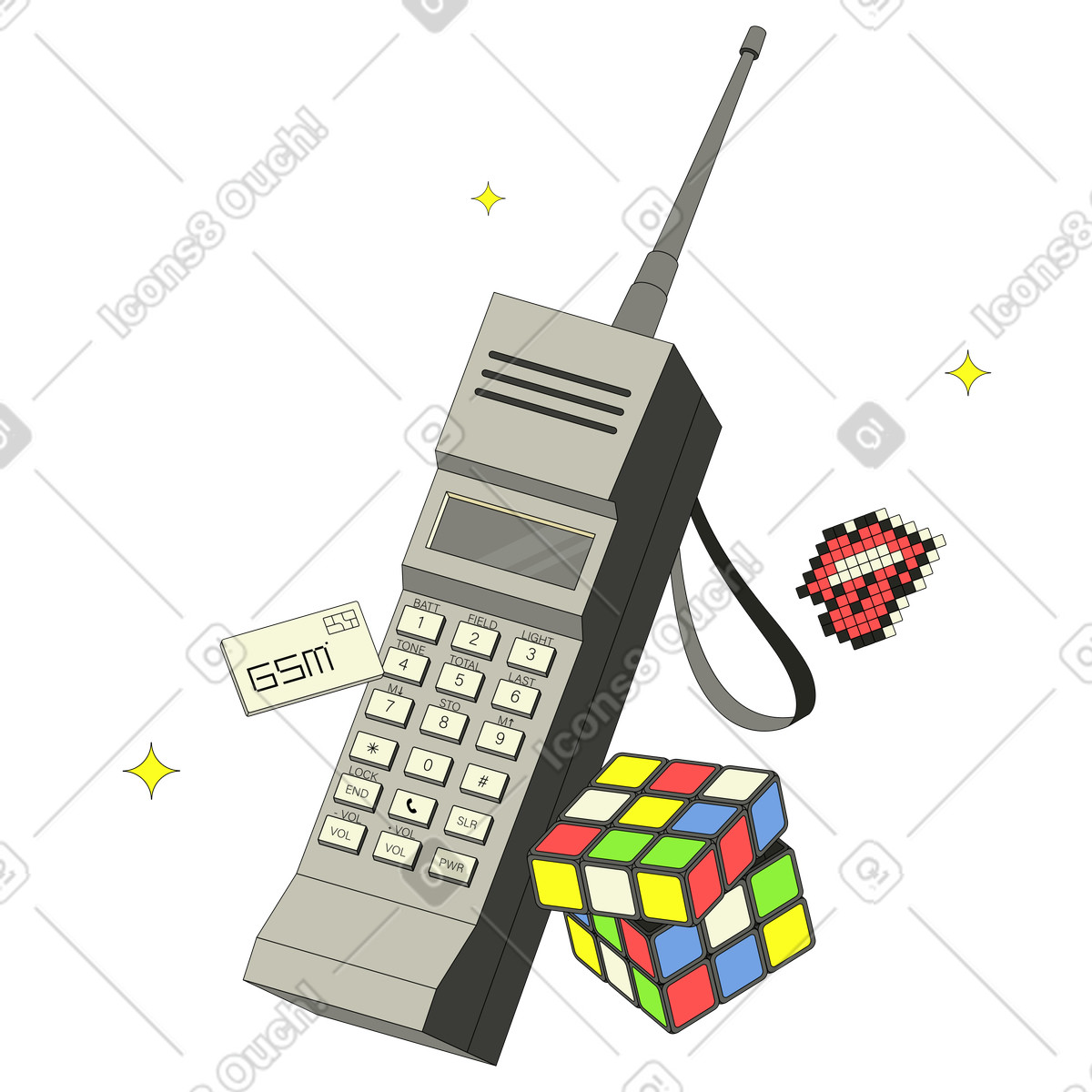 Ilustração animada de Telefone nokia retrô e cubo rubik em no estilo Retro para baixar em GIF, Lottie (JSON), AE