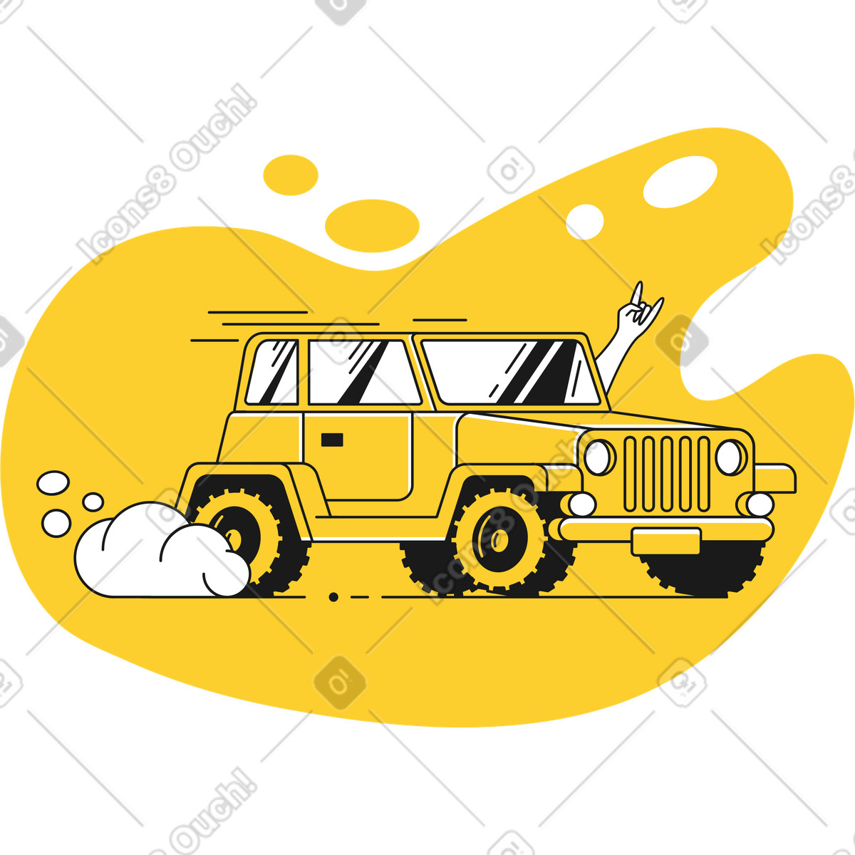 Ilustração de Pessoa andando jipe e mostrando a mão do rock em no estilo Taxi para baixar em PNG, SVG