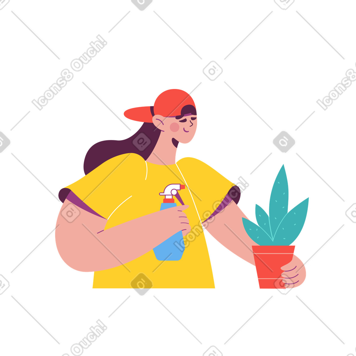 Person spraying pot plant, home gardening and indoor greenery illustration in Sammy style download in PNG, SVG