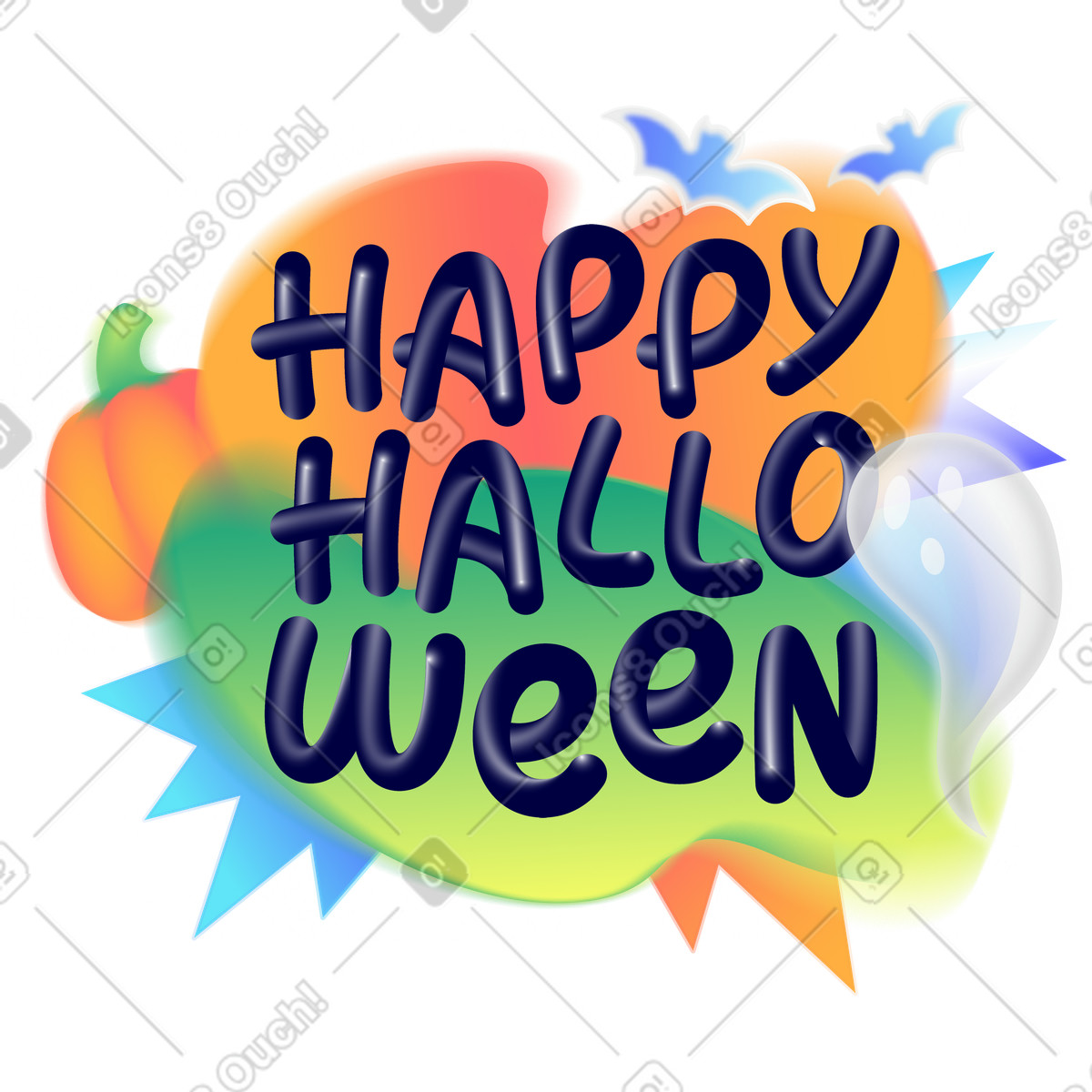Иллюстрация Надпись happy halloween с тыквой, привидением, текстом летучих мышей в стиле Lettering — скачать в форматах PNG, SVG