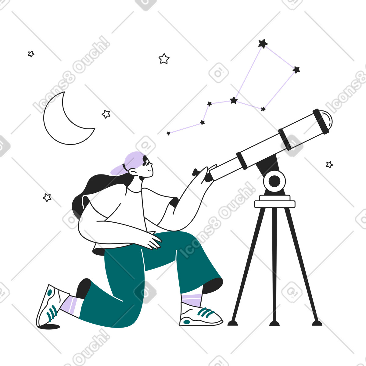 Girl with a telescope studying the starry sky illustration in Sammy Line style download in PNG, SVG