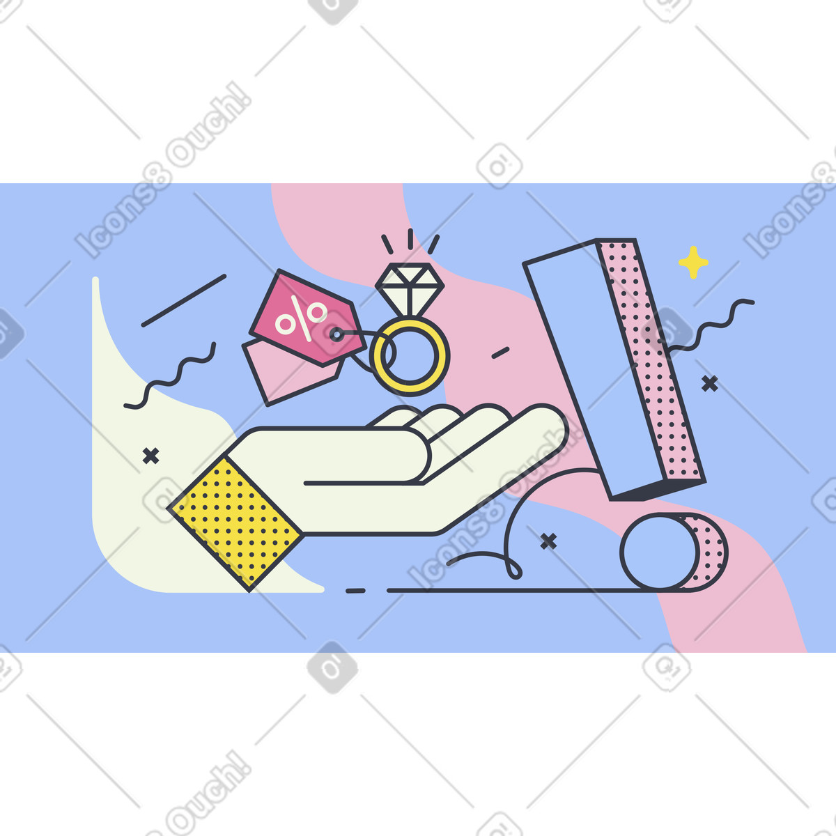Hand holding ring with discount tag illustration in Abstract style download in PNG, SVG