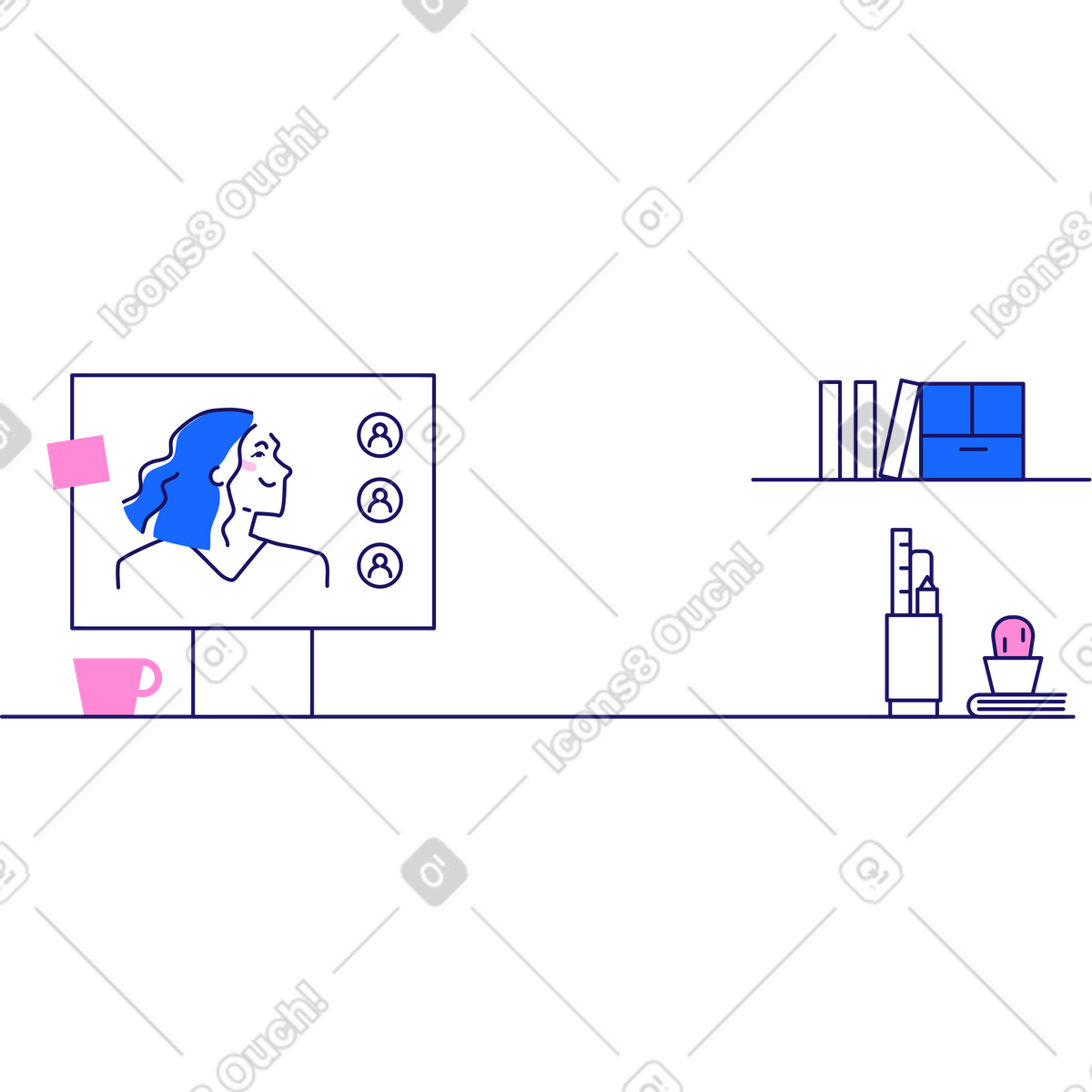Illustration Fond de bureau avec une femme sur le moniteur dans style Matey à télécharger aux formats PNG, SVG