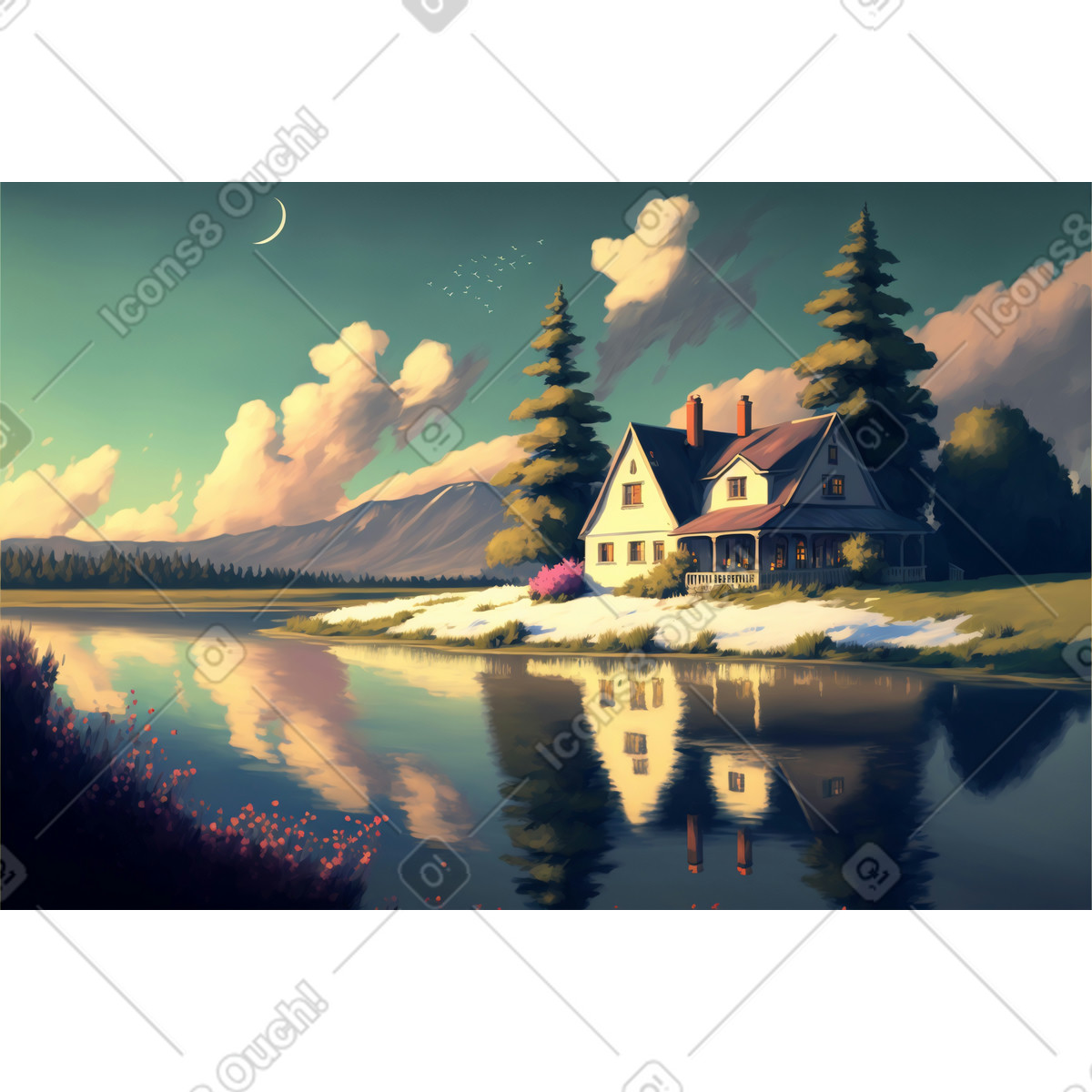 3D country house near the lake illustration in PNG, SVG