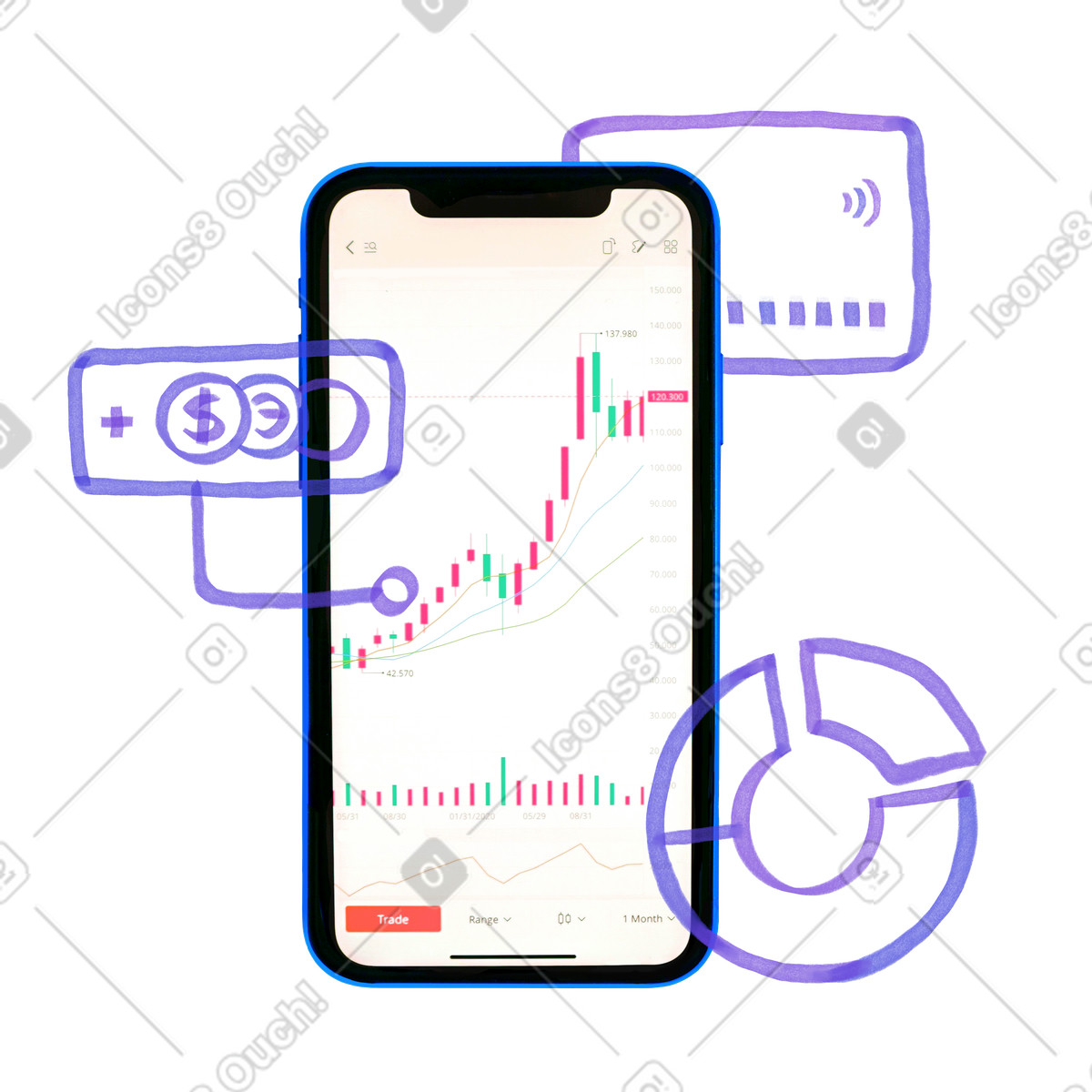 Illustration Gestion des finances personnelles sur smartphone dans le style Marker à télécharger aux formats PNG, SVG