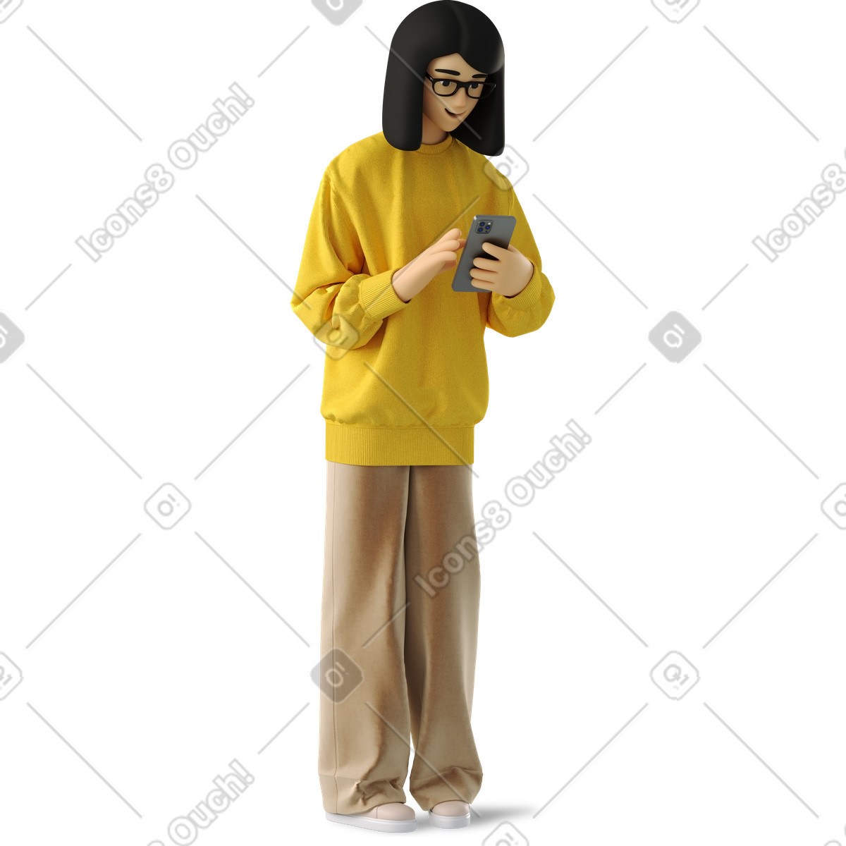 Young woman in casual clothes and glasses standing with phone illustration 3D Business style download PNG, SVG