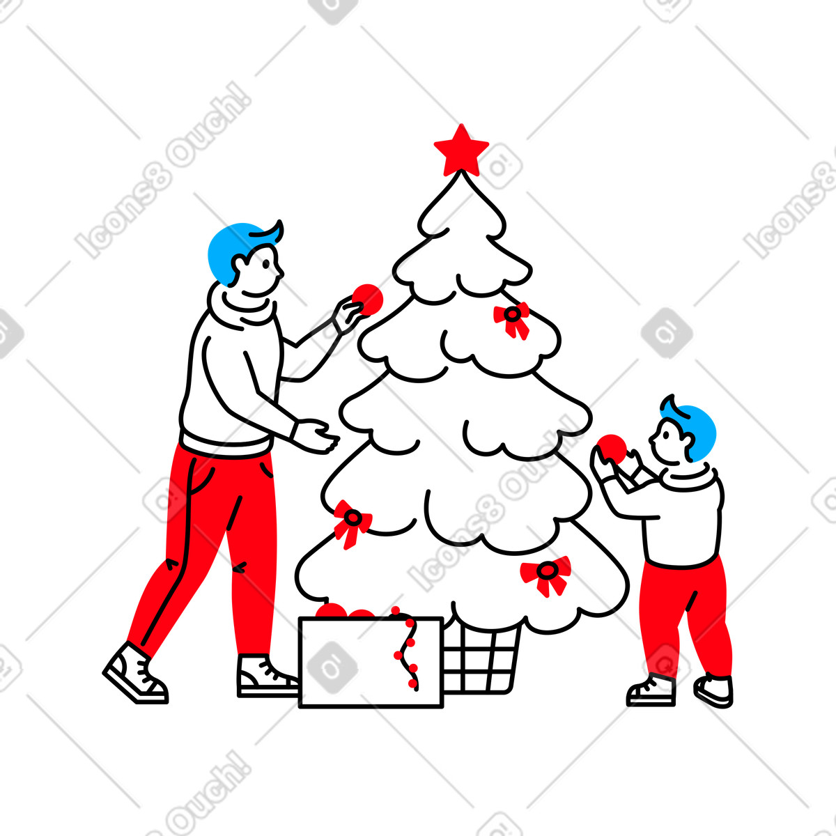 Ilustración Father and son hanging decorations on Christmas tree, Holiday preparation family activity en estilo Transistor a descargar en PNG y SVG