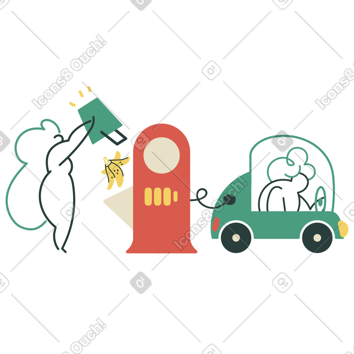 Producing biofuel to power electric car illustration in Macaroni style download in PNG, SVG
