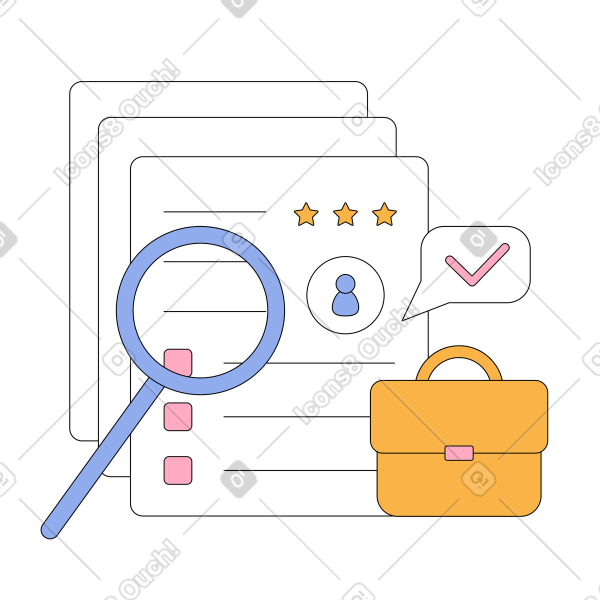 Il candidato riprende e una lente d'ingrandimento con un business case illustrazione in stile Bloom scarica in PNG, SVG
