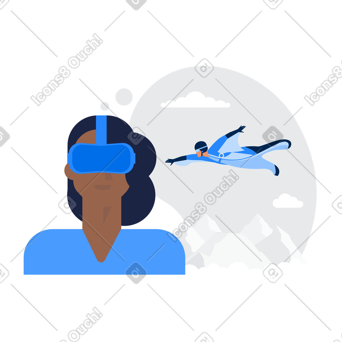 Donna in cuffia vr che vede un uomo volante illustrazione stile Urban scarica PNG, SVG