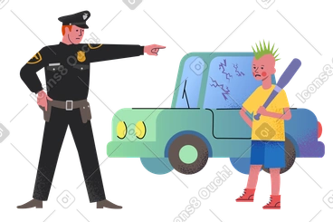 Policeman scolding boy with bat for vandalism PNG, SVG