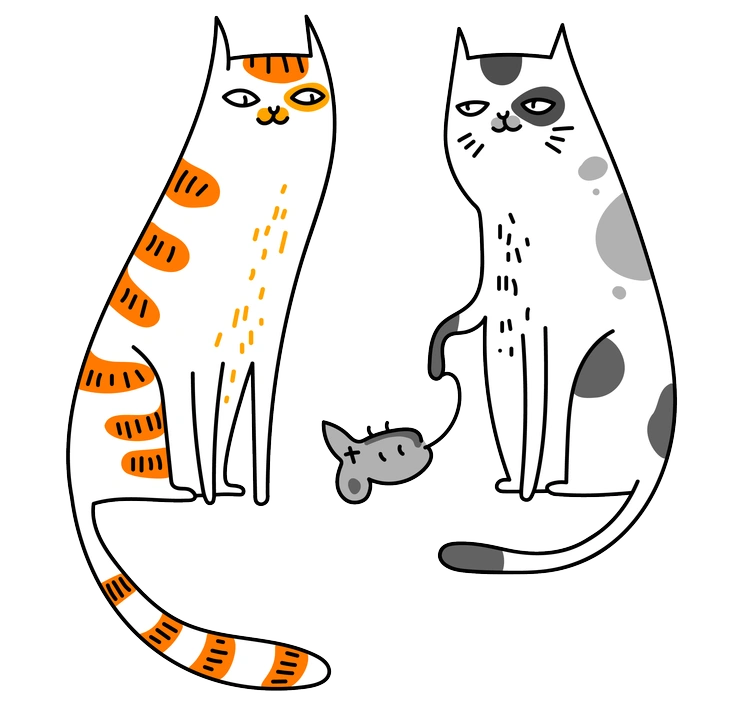 Two cartoon cats sitting with a toy mouse - Purr style illustration