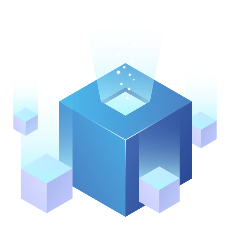 A blue cube with floating smaller cubes - Quantum style illustration