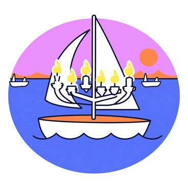 A menorah lit on the deck of a sailboat at dusk