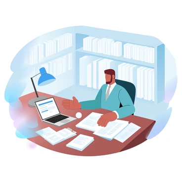 An auditor is sitting at a wooden desk cluttered with various files and documents. The auditor is wearing a formal outfit, with a clipboard resting on the desk. The desk is surrounded by a large bookshelf filled with books on finance and law. A laptop is open next to the files, displaying a compliance checklist. A lamp illuminates the area, casting a soft light over the papers. The room has light-colored walls, creating a clean and organized atmosphere.