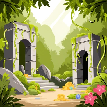 Ancient ruins with crumbling stone structures, partially covered in green moss and lichen, are nestled in a dense jungle. Thick vines drape from the trees above, intertwining with the architecture. Sunlight filters through the canopy, casting dappled shadows on the ground. Hidden treasures, such as ornate gold artifacts and sparkling gemstones, are scattered among the ruins, partially obscured by the foliage. The atmosphere is filled with lush greenery, exotic flowers, and the sounds of wildlife in the background.