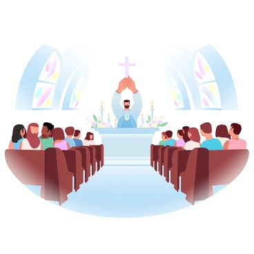 A congregation is gathered in a spacious church during Sunday mass. In the center, a priest is standing behind an ornate altar, holding the Eucharist high above his head. The altar is adorned with candles and flowers, creating a solemn atmosphere. Rows of worshippers are seated in wooden pews, their hands clasped in prayer. Stained glass windows reflect soft, colorful light onto the scene, enhancing the spiritual ambiance.