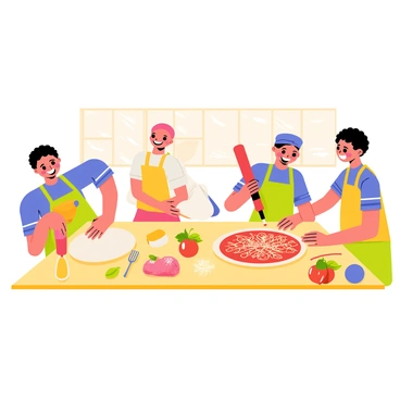 A recipe card titled "Homemade Pizza" displayed prominently at the center. The background features a lively cooking class setting with several students actively engaged in the process. One student is stretching a ball of dough on a wooden countertop, while another is spreading tomato sauce on a rolled-out pizza base. A third student is sprinkling cheese generously over the pizza. Various ingredients like fresh basil, pepperoni slices, and bell peppers are scattered across the countertop. Colorful aprons are worn by the students, and kitchen utensils like rolling pins and spatulas are visible around them. The overall atmosphere is energetic and focused on the joy of cooking.