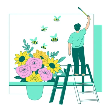 A teal artist named Davies is standing on scaffolding, painting a large mural on a white building wall. The mural features vibrant bees in varying sizes, elegantly flying around a variety of colorful flowers. Bright yellow sunflowers and delicate pink roses are painted in detail, surrounding the bees as they buzz amidst the blooms. Davies holds a paintbrush high, adding finishing touches to the flowers with a focused expression. The scene captures the artist's dedication and the beauty of nature in the mural.