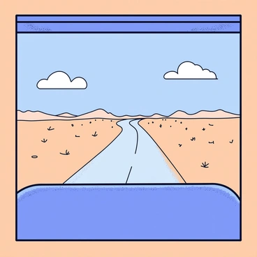 A long, winding road stretches through a vast desert landscape. The road is lined with small, sandy hills and sparse patches of dry grass. In the foreground, a dusty bus window frames the scene, showing the texture of the glass and a few streaks of dirt. The sky above is bright blue, dotted with a few fluffy white clouds. In the distance, the outlines of distant mountains can be seen, creating a sense of depth in the arid environment.