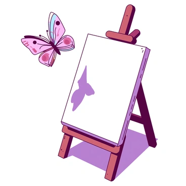 A butterfly with wings made of various colorful banknotes is flying gracefully over an easel. The easel is wooden, and it holds a blank canvas ready for painting. Sunlight casts soft shadows around the easel, creating a beautiful contrast. The butterfly's wings shimmer with different hues as it flutters above, capturing the attention of anyone nearby.