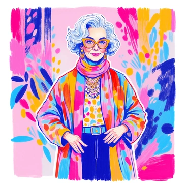 Iris Apfel is portrayed with her signature oversized glasses and bold statement jewelry. She has stylish gray hair styled in a unique fashion and is wearing a vibrant outfit with clashing patterns, including a colorful scarf and a patterned top. The background is filled with swirling shapes and bright colors that mirror her lively personality. She stands confidently with one hand on her hip, showcasing her distinctive style.