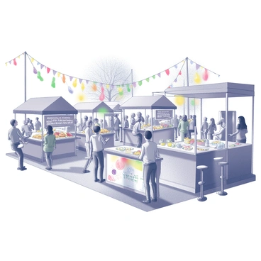 A lively illustration of a seasonal festival with traditional games, food stalls, and colorful decorations.