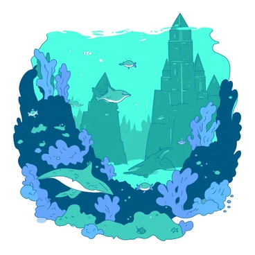 A duotone scene of an underwater city with glowing buildings in teal and blue. The buildings are tall and intricately designed, resembling coral structures and aquatic plants. Various sea creatures are swimming around the city, including colorful fish, graceful manta rays, and playful dolphins. Some of the buildings emit a soft, luminous light that illuminates the surrounding water. Small bubbles rise to the surface as the creatures move gracefully through the vibrant environment.