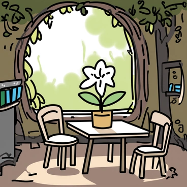 A "peace lily" with broad green leaves and elegant white flowers sits as the centerpiece on a small wooden table. Surrounding the table are tiny, intricately carved wooden chairs. The home has walls made of intertwined branches and leaves, creating a cozy atmosphere. Sunlight filters through the canopy of trees above, casting dappled shadows on the floor. Small details like tiny stone decorations and a miniature bookshelf filled with tiny books can be seen in the background. The overall scene conveys a sense of warmth and enchantment, showcasing the fairy's home amidst the natural beauty of the magic forest.