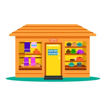 A small artisan shop with a wooden exterior featuring a welcoming door. The windows showcase a variety of colorful textiles hanging, including vibrant scarves and patterned fabric rolls. Inside, shelves display an assortment of handmade crafts, such as ceramic pots, woven baskets, and intricately designed jewelry. The shop is filled with warm, inviting sunlight that highlights the rich colors of the textiles. A small sign above the entrance reads "Handmade with Love" in playful lettering.
