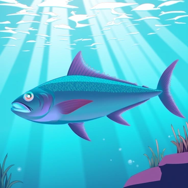 A sharp-toothed piranha with shimmering scales swims in clear water. Sunrays filter through the surface, casting dynamic patterns of light and shadow on the piranha's sleek body. The water around it is a rich blue, with small bubbles rising to the surface. The piranha's eyes glimmer with intensity, and its fins appear almost translucent as they catch the light. Surrounding the fish, there are hints of underwater plants swaying gently in the current, enhancing the vibrant aquatic scene.