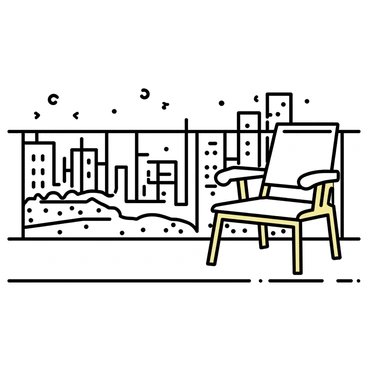 A minimalistic drawing of an empty chair positioned on a balcony. The balcony has a simple railing, and the chair is made of wood with a light finish. Below the balcony, a bustling cityscape is visible, showcasing tall buildings and streets filled with small dots representing people and cars. The distance emphasizes the space surrounding the chair, highlighting its solitude.