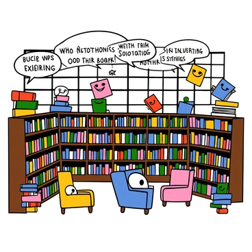 A library filled with colorful books that have big eyes and smiling mouths. The books are animated and appear to be engaged in lively conversations with each other. Some books are stacked on shelves, while others float in the air, sharing exciting stories. The walls of the library are lined with wooden shelves filled with various books, and there are comfortable reading chairs scattered around. Bright light filters through large windows, creating a cozy atmosphere for the chatty books to interact and entertain one another.