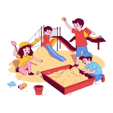 A group of three children, two boys and a girl, are energetically digging in a sandy playground area with shovels and buckets. The girl, wearing a yellow hat, is crouched down, holding a shiny toy shovel while looking excitedly at a small mound of sand. One boy, dressed in a red t-shirt, is standing with an orange bucket raised high, as if he just found something valuable. The other boy, in a blue cap, is kneeling nearby, sifting through the sand with his hands, searching eagerly. Scattered around them are colorful toys and a red sandbox filled with more sand. In the background, there are slides and climbing structures, adding to the lively atmosphere of the playground.