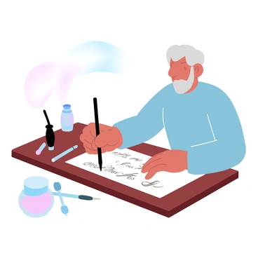 An elderly person is sitting at a wooden table, focused on practicing calligraphy. They are using a traditional brush to create beautiful strokes on a blank sheet of paper. The paper is partially covered with elegant characters, showcasing intricate designs. Various ink bottles and brushes are arranged neatly beside them. A gentle light illuminates the scene, enhancing the serene atmosphere of the artistic endeavor.
