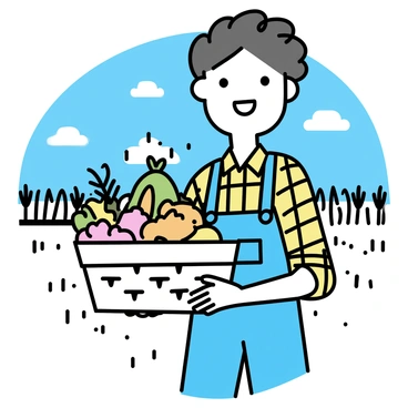 A farmer with a sun-kissed face, wearing a plaid shirt and denim overalls, stands in a field. He is holding a woven basket filled with various freshly harvested ingredients for fire cider. The basket contains vibrant oranges, crunchy ginger roots, and fresh turmeric, along with sprigs of rosemary and garlic cloves. The farmer’s hands grip the basket firmly, and he has a proud smile on his face, showcasing his connection to the land. In the background, rows of crops extend into the distance under a bright blue sky.