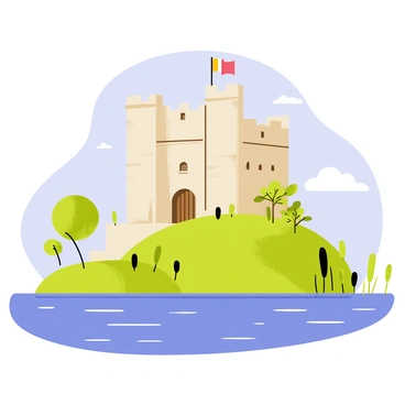 An ancient fortress made of weathered stone stands proudly atop a green hillside overlooking the Mediterranean Sea. The fortress features tall, sturdy walls with narrow windows and a large wooden door. A flag flutters gently in the breeze atop one of the towers. Lush vegetation surrounds the base of the fortress, with olive trees and shrubs dotting the landscape. The sky is a bright blue, with a few fluffy white clouds scattered throughout, adding to the picturesque scene. Below, the sparkling blue waters of the Mediterranean reflect the sunlight, creating a vibrant contrast with the earthy tones of the fortress.