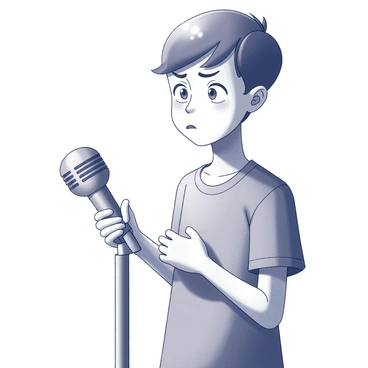 A young contestant stands at a microphone, their hands gripping the stand tightly. They have short hair and wear a simple t-shirt. Beads of sweat glisten on their forehead, indicating their nervousness. The light above casts a spotlight on them, enhancing the intensity of the moment. The background is blurred, focusing attention on the contestant's anxious expression and body language. Their eyes are wide, reflecting a mix of determination and fear as they prepare to speak.