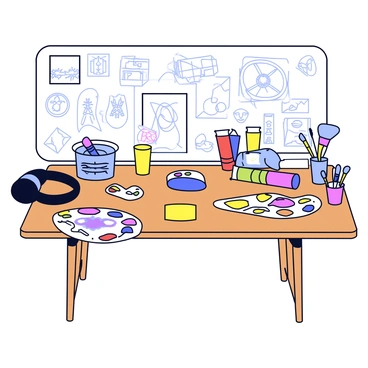 An artist's studio with a large wooden desk cluttered with various art supplies. There are several sketches scattered across the surface, showcasing different designs and ideas. Bright tubes of paint in various colors are arranged neatly next to a palette splattered with vibrant hues. A pair of black headphones rests casually on one corner of the desk. The walls of the studio are adorned with more artwork and a few brushes are standing upright in a small container.